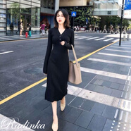 Radinka2025秋冬新款v領(lǐng)針織連衣裙女中長(zhǎng)款修身長(zhǎng)款毛衣裙A字裙YCN 黑色 S 80-100斤