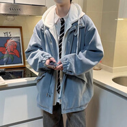 NEW OR MODE假兩件毛呢大衣男士美式潮牌加厚外套男秋冬季韓版寬松連帽上衣服 藍(lán)色 2XL