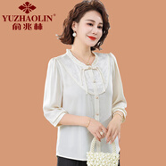 俞兆林（YUZHAOLIN）媽媽夏裝國風雪紡小衫時尚中老年女春夏七分袖上衣新中式套頭襯衫 米色 XL (參考90-105斤)