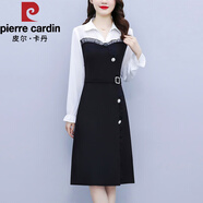 皮爾卡丹（pierre cardin）大碼女裝2025春秋新款雪紡拼接中長(cháng)款顯瘦襯衣領(lǐng)假兩件連衣裙減齡 黑色  XL 大(建議105-125斤)