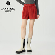 阿瑪施（AMASS）女裝新款綿羊毛壓褶休閑短褲女5100311 落日橘 M (3碼)