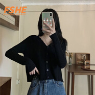 FSHE2025年早秋季新款V領針織衫長袖開衫毛衣小外套百搭女溫柔風上衣 黑色 M[建議95-105斤]