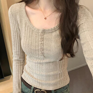 妙奕嘉長(cháng)袖上衣女秋季新款長(cháng)袖t恤女修身內搭低領(lǐng)打底衫可外穿顯瘦衣服 坑條半開(kāi)扣長(cháng)袖T恤【杏色】 M 【建議95-110斤卡碼拍大】