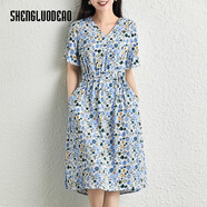 圣羅地奧人造棉連衣裙新款夏時(shí)尚碎花V領(lǐng)棉綢連衣裙女系帶收腰顯瘦中長(cháng)款 冰藍桃心葉 3XL 建議135-150斤