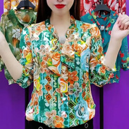 索宛亦（SUOWANYI）七分袖飄帶雪紡衫女2023夏季新款時(shí)尚寬松遮肚子小花衫 綠色 4XL 建議150-165斤