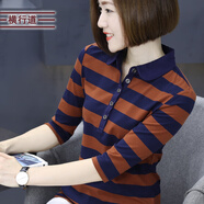 橫行道2024新款女裝有領中長袖七分袖翻領t恤條紋打底衫半截袖 杏藍 XL