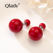 Qlady 女士雙面耳釘925銀珍珠耳釘女學生韓版氣質(zhì)韓國個性簡約甜美耳環(huán)女時尚網(wǎng)紅同款裝飾耳飾品 簡約款-中國紅