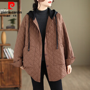 皮爾卡丹（pierre cardin）時(shí)尚菱形格連帽輕薄棉服女秋冬大碼胖mm寬松百搭夾棉棉衣外套棉襖 咖啡色 L【建議100-140斤】