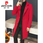 皮爾卡丹（pierre cardin）高檔風(fēng)衣男長款過膝修身呢子外套大衣冬季加厚潮流中長款毛呢外套 加棉紅色 3XL