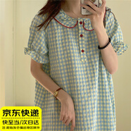 韞舜睡衣女 格子睡裙女網(wǎng)紅風(fēng)多巴胺女孩中長(cháng)裙短袖可外穿睡衣家居服 黃藍格子睡裙 L 【建議95-115斤】
