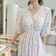 紅蜻蜓（RED DRAGONFLY）綿綢連衣裙法式感女夏時(shí)尚印花人造棉輕薄胖MM中長(cháng)款純欲裙子 白桃郁金香帶口袋 XL碼裙長(cháng)120cm胸圍110建議身高1