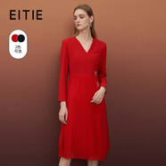 愛特愛（EITIE）v領(lǐng)通勤收腰百褶純色連衣裙顯瘦秋季新款氣質(zhì)百搭A(yù)字裙6707420 紅蔓61 XL 170