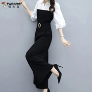 啄木鳥(niǎo)春秋女裝套裝2025新款韓版時(shí)尚休閑黑色翻領(lǐng)氣質(zhì)高腰闊腿褲連體褲 黑色拼接白色【347款】 S【建議80-95斤】