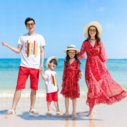 悅海悅貝親子裝一家三口海邊度假沙灘裙母女裝紅色連衣裙長(zhǎng)裙三亞旅游四口 酒紅色 女士M