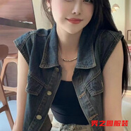 范哲莎美式復古感氣質(zhì)百搭牛仔馬甲女POLO領(lǐng)短款無(wú)袖坎肩上衣開(kāi)衫夏 藍色 XL 175