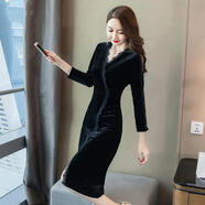 澤萬邦春秋裝金絲絨連衣裙女v領秋冬裝淑女風女裝修身氣質(zhì)中長裙子 收藏song小禮物【238黑色】 M