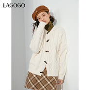LAGOGO麻花針連帽毛衣外套女拉谷谷春秋新款米白色毛針織衫開(kāi)衫 米白色(V2) S