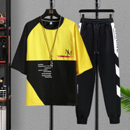 VZVJ胖子短袖套裝加肥加大碼T恤兩件套胖子男裝長(cháng)褲休閑套裝夏季薄款 NM黃色(上衣+拼接褲) 7XL(230-255斤)