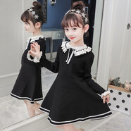 小乖童年女童連衣裙新款兒童毛衣連衣裙秋冬款娃娃領(lǐng)裙子小女孩洋氣公主裙 黑色 150