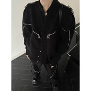 Lee ryetom美式街頭拉鏈V領(lǐng)開衫毛衣男女秋冬破壞設(shè)計(jì)感外套金屬紐扣上衣潮 黑色 M