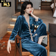 KJ睡衣女高端品牌秋冬貼身衣物金絲絨長(cháng)袖開(kāi)衫蕾絲花邊套裝家居服 藍灰色 L 適合100-115斤