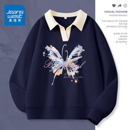真維斯（JEANSWEST）衛(wèi)衣女外套春秋冬季新款polo領(lǐng)撞色寬松上衣服女生長(zhǎng)袖設(shè)計(jì)感女裝 藏青 淡彩蝴蝶 L 【推薦體重121-140斤】