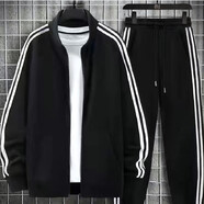 汐嘻 【39 一套】外套男2022春秋新款潮流衣服男青少年港風(fēng)潮牌運動(dòng)棒球服男學(xué)生韓版情侶休閑上衣 黑色三杠套裝直筒褲 5XL碼建議165-190斤穿