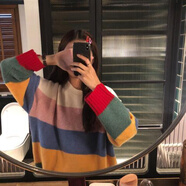 ZHIDOUDOU小清新甜美彩虹條紋毛衣女韓版慵懶風(fēng)寬松撞色套頭學(xué)生針織衫外 白色領(lǐng)口 S
