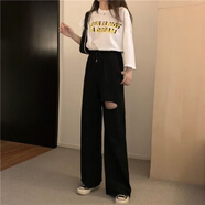 VEOX 夏季韓版2025新款ins破洞拖地長褲黑色垂感休閑闊腿褲女褲子潮 黑色 M