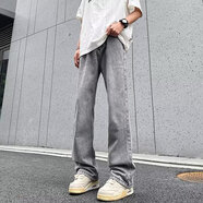 POUM美式復古牛仔褲男vibe直筒褲子男四季款潮牌微喇高街百搭休閑長(cháng)褲 XHJ-A139灰色 XL 【建議120-140斤】
