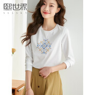 熙世界長(zhǎng)袖T恤女2025春季新款民族風(fēng)復(fù)古刺繡百搭寬松圓領(lǐng)體恤衫 珍珠白 XL