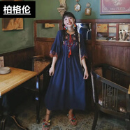 柏格倫適合去新疆西藏云南旅游的衣服波西米亞度假風(fēng)棉麻刺繡流蘇系帶收 喇叭袖藍色 XL