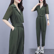 Lauaird 軍綠色連體褲女2022春秋新款高腰顯瘦垂感長(cháng)褲工裝小腳連衣褲套裝 短袖軍綠色 2XL 125斤-135斤