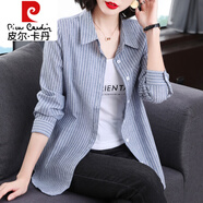皮爾卡丹（pierre cardin）長(cháng)袖襯衫女春秋季薄款2025年新款休閑大碼襯衣女士條紋開(kāi)衫外套 藍白條紋 3XL (適合145-165斤)
