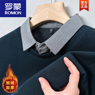 羅蒙（ROMON）冬季假兩件毛衣中年男士加絨加厚襯衣領(lǐng)保暖爸爸裝套頭針織打底衫 藏青【領(lǐng)子純色】 M 165 建議98-120斤