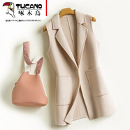 啄木鳥雙面舒適大衣女新款中長款毛呢外套背心馬甲一?？?米色 M