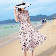 淳咪娜 女裝連衣裙女氣質(zhì)修身顯瘦長(cháng)裙碎花雪紡碎花裙子海灘旅游沙灘裙 3188粉色（短） L 建議93-108斤