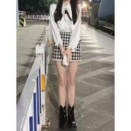 歐迪惠（Oudihui）新款連衣裙女秋季小個(gè)子穿搭學(xué)院風(fēng)辣妹jk制服千鳥(niǎo)格短裙子女套裝 襯衫 L