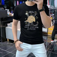 匡都（KRDUGBR）香港潮牌短袖T恤男輕奢夏季男裝燙鉆印花圓領(lǐng)半袖打底衫冰絲免燙 黑色A55 L 【110-125斤】
