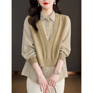 燕潯氣質(zhì)減齡馬甲襯衫2025秋季新款女裝新品針織衫女拼接假兩件上衣 卡其 L