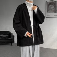 主意范胖子大碼男裝外套男中國(guó)風(fēng)唐裝早秋穿搭V領(lǐng)設(shè)計(jì)開(kāi)衫衛(wèi)衣上衣 KS10075黑色 4XL 185-215斤