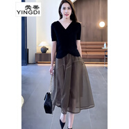 熒蒂連衣裙女裝2025年夏季新款半身裙中長(cháng)款a字紗裙休閑兩件套套裝裙 咖啡色裙子（單件） L