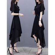 【特價(jià)撿漏】高檔輕奢品牌2022夏季女裝新款修身中長(cháng)裙短袖不規則氣質(zhì)名媛黑色雪紡連衣裙女黑色 3XL(155-175斤)