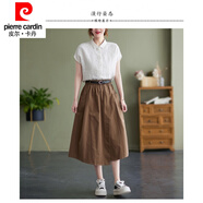 皮爾卡丹品牌高檔女裝棉麻半身裙女夏季文藝復(fù)古松緊腰顯瘦A字裙寬松百搭不規(guī)則中長裙氣質(zhì) 深卡其色(帶腰帶) 2XL【175-200斤】