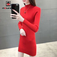 AEMAPE毛衣女中長(cháng)款半高領(lǐng)打底衫女2025春秋冬加厚洋氣針織衫女紅色上衣 紅色 M