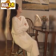 初徑（CHUJING）法式針織連衣裙子女秋冬配大衣內(nèi)搭冬裝2025新款打底長(zhǎng)款毛衣裙 白色 S 建議70-95斤