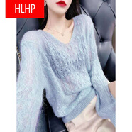 HLHP歐洲站女裝2022新款寬松長袖馬海毛毛衣秋薄款針織打底 藍(lán)色 均碼