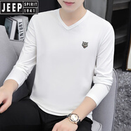 JEEP SPIRIT吉普莫爾男士長(zhǎng)袖T恤春秋薄款打底衫2024新款虎頭體恤潮流v領(lǐng)秋衣 白色 3XL (適合165-185斤)