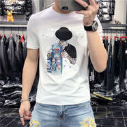 洋客短袖T恤男薄款圓領(lǐng)夏季新款男士冰絲半袖燙鉆3D數碼印花體恤打底 白色 M 建議100-120斤