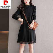 皮爾卡丹（pierre cardin）23年新款毛衣裙女秋冬新款寬松內(nèi)搭蕾絲中長(zhǎng)款半高領(lǐng)打底衫 黑色 歐韓品質(zhì)+全針織 M 建議90-105斤